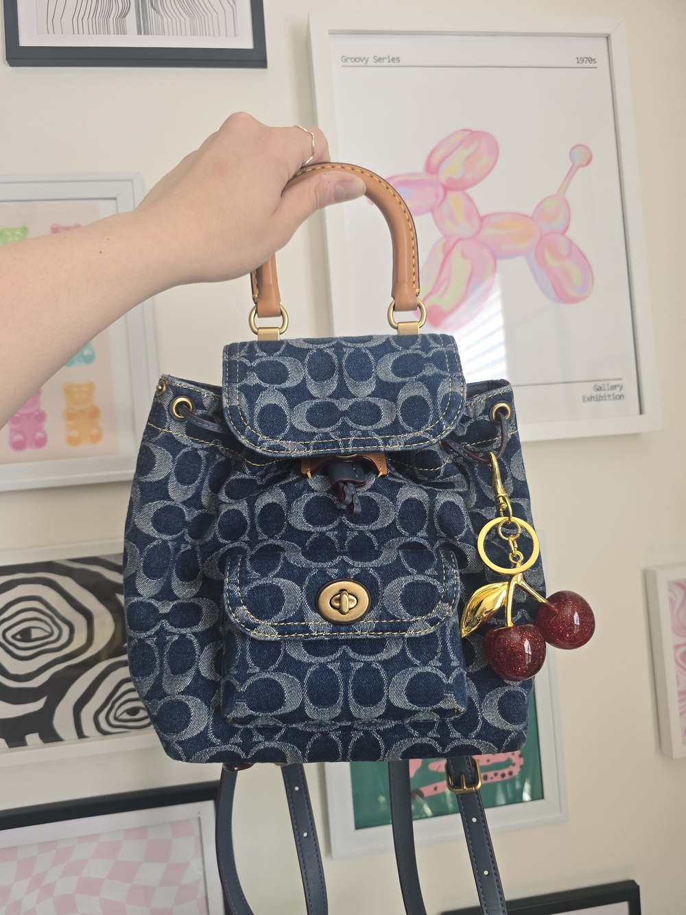 Authentic Coach Riya Denim Backpack with Cherry Charm